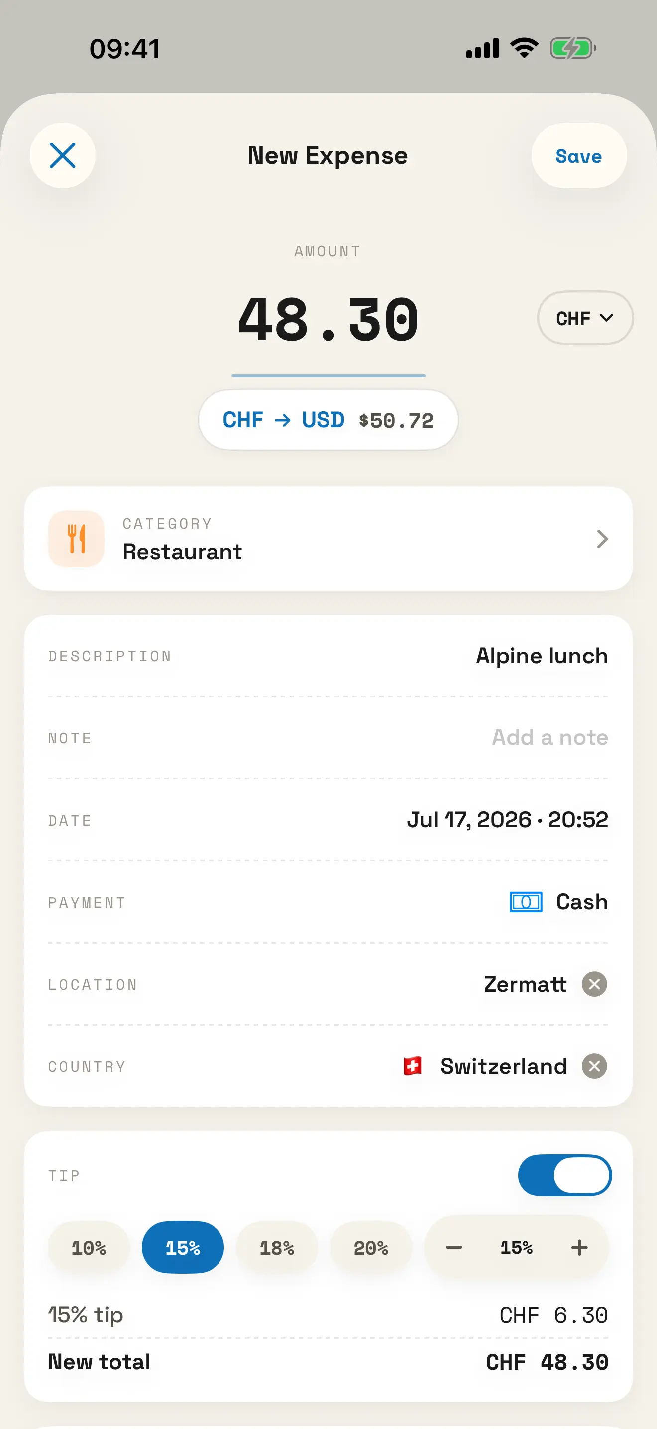 PocketTrip add-expense screen converting 48.30 Swiss francs to 50.72 US dollars, with category, payment method and tip