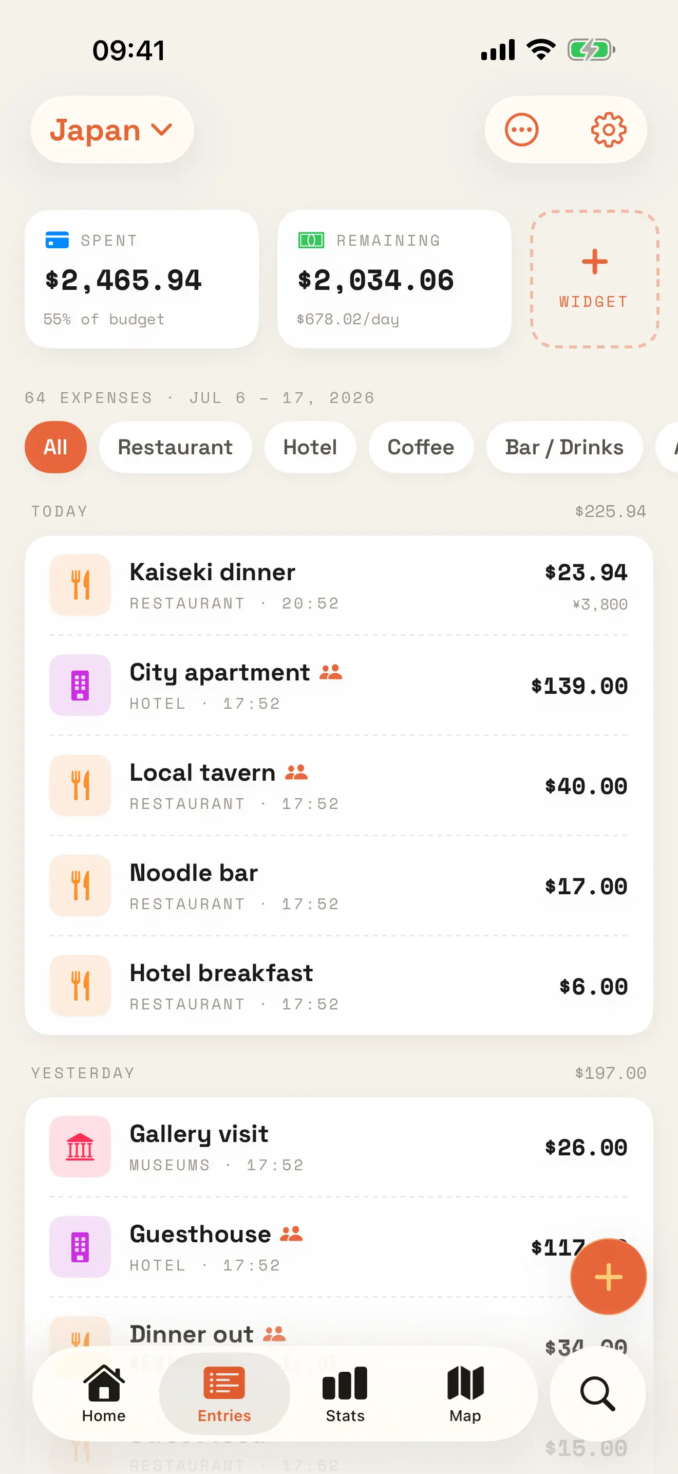 PocketTrip entries screen listing expenses grouped by day for a Japan trip