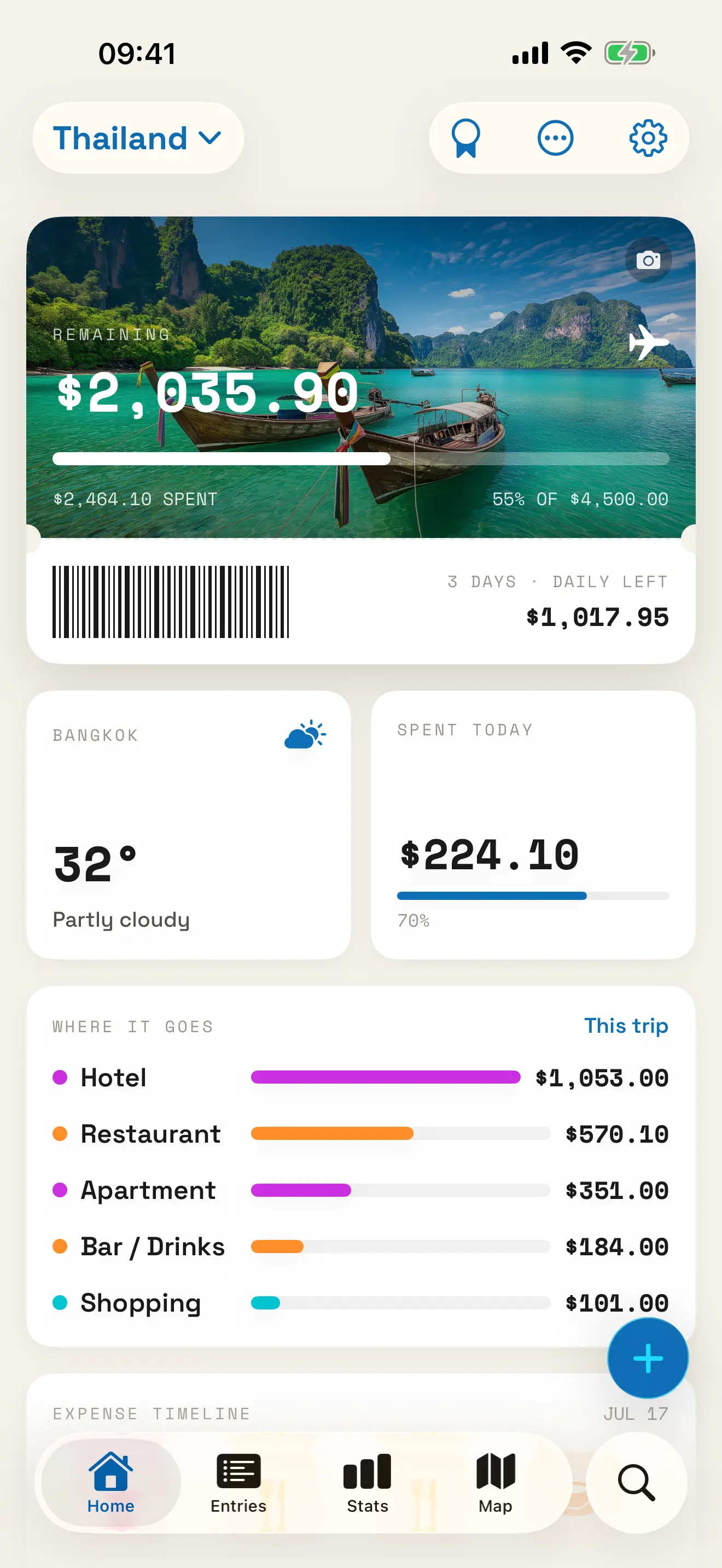 PocketTrip home screen showing a Thailand trip with remaining budget, daily cap and spending by category