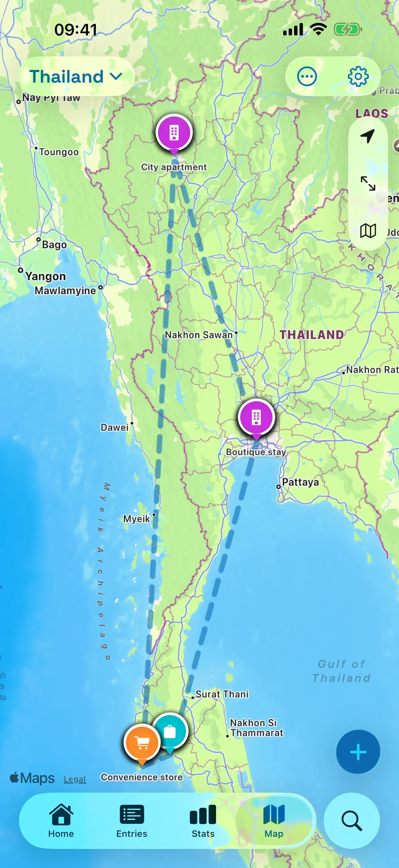 PocketTrip map screen with every expense pinned where it was spent