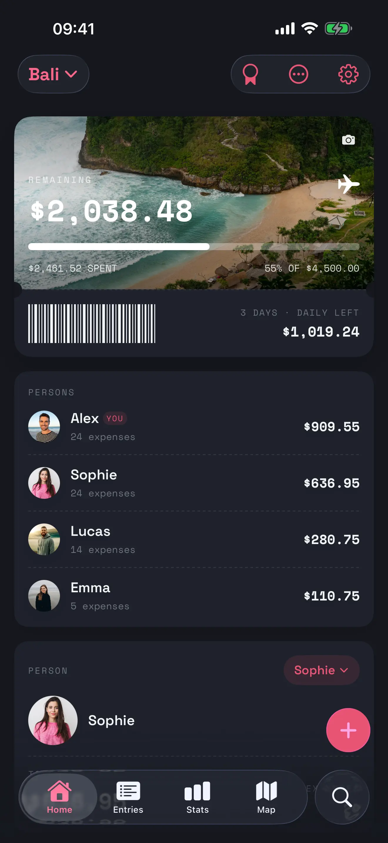 PocketTrip split-expenses screen showing balances for four travel companions on a Bali trip